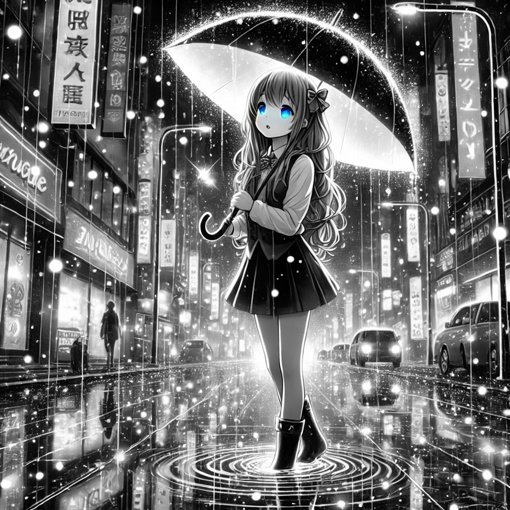 雨の輝く夜を歩く小さな女の子