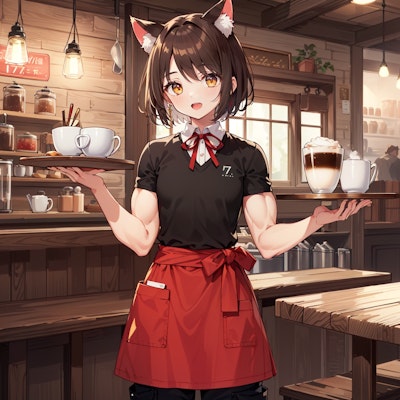 半袖を着用して喫茶店で働く猫娘