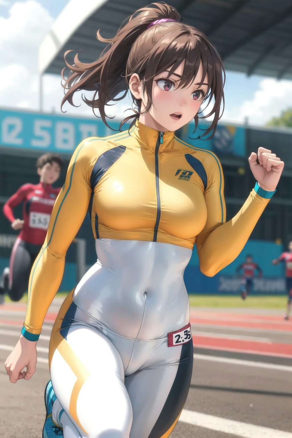 Female sprinter in skintight athletic suit