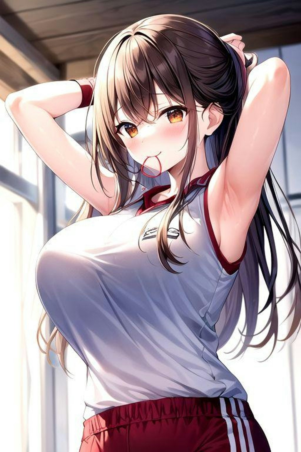 体操服で髪を結う女の子