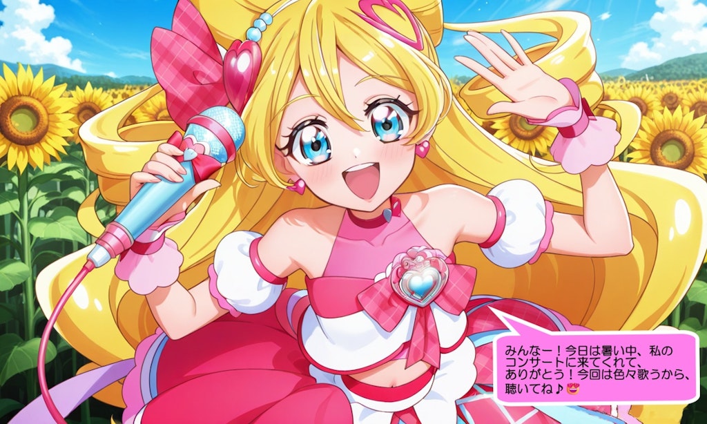 キュアアイドル、向日葵畑に設置された特設ステージで熱唱する