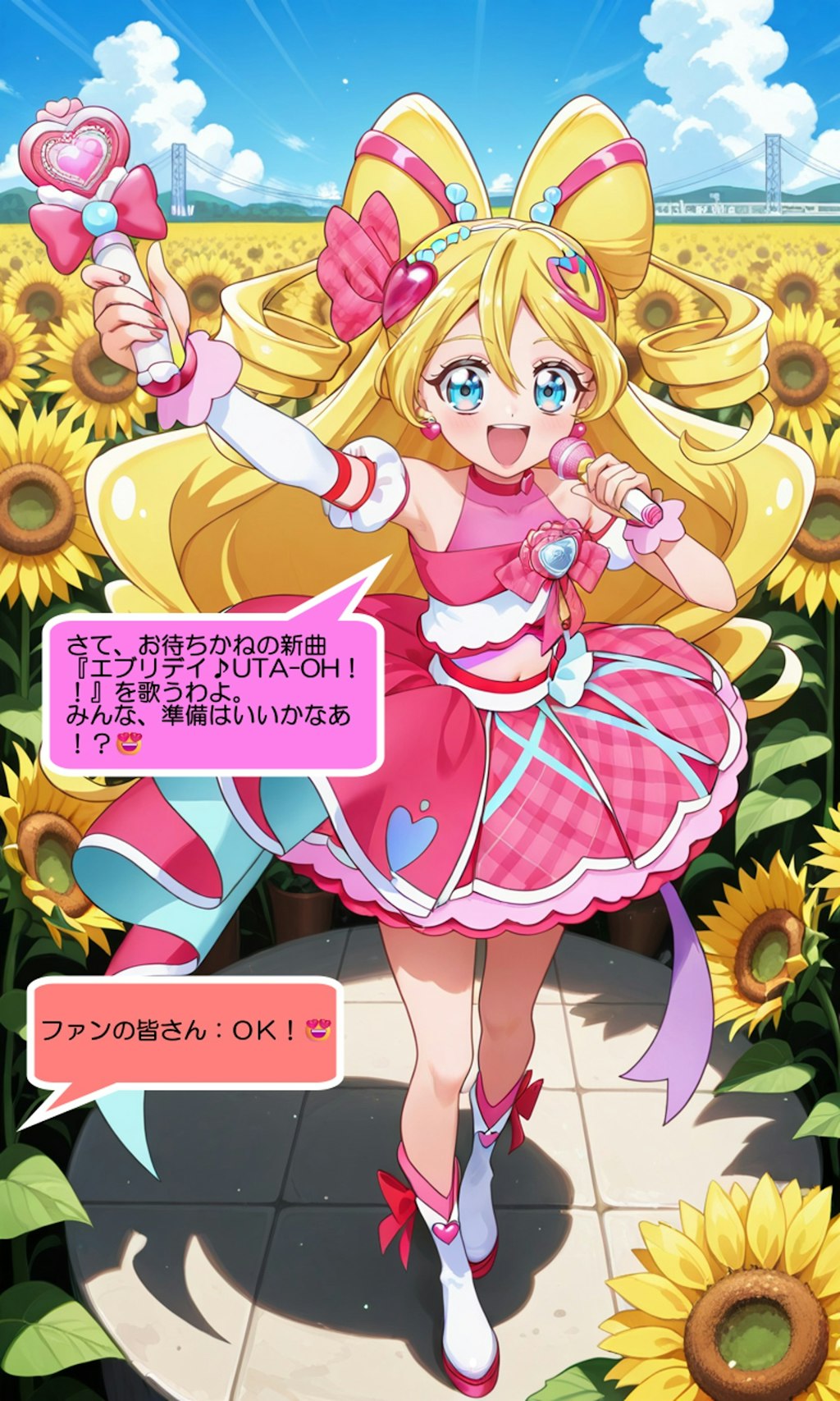 キュアアイドル、向日葵畑に設置された特設ステージで熱唱する