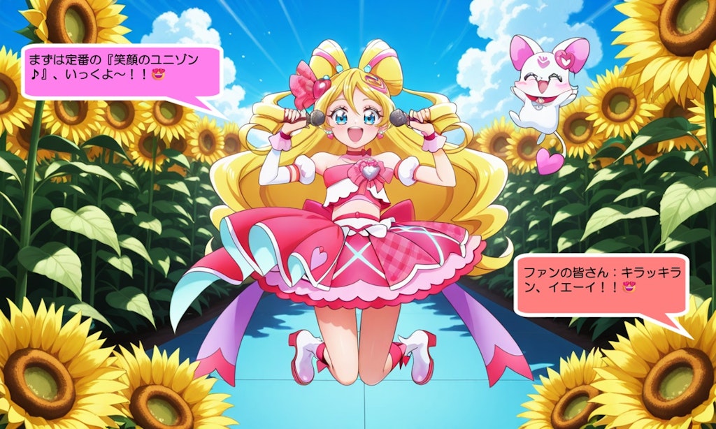 キュアアイドル、向日葵畑に設置された特設ステージで熱唱する