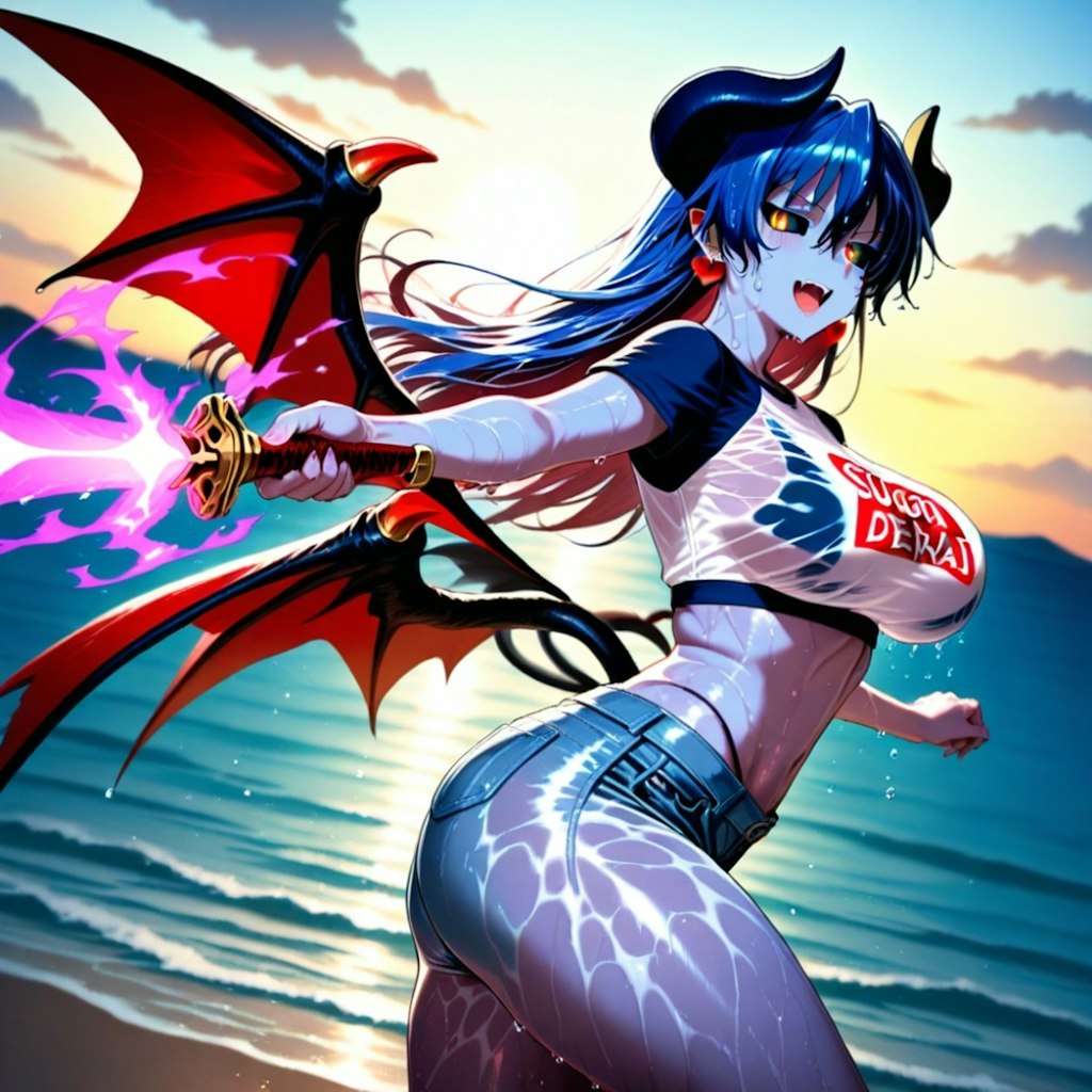 海で特訓Tシャツビキニコスプレ人妻&ペン水彩猫画