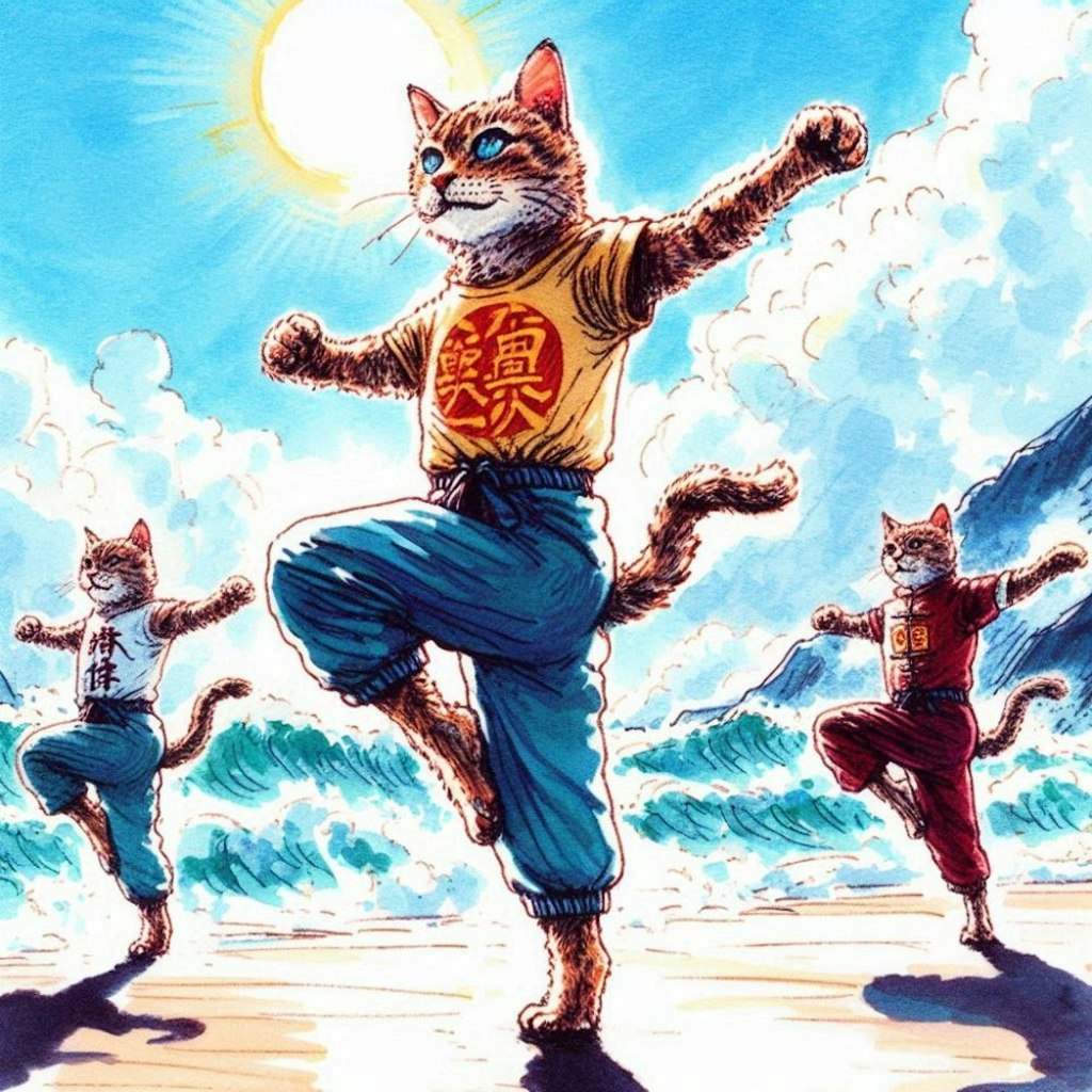 海で特訓Tシャツビキニコスプレ人妻&ペン水彩猫画
