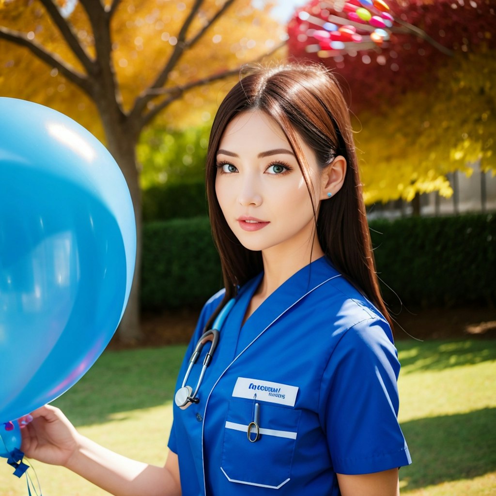 病院の庭で風船を膨らませるナース服の美女