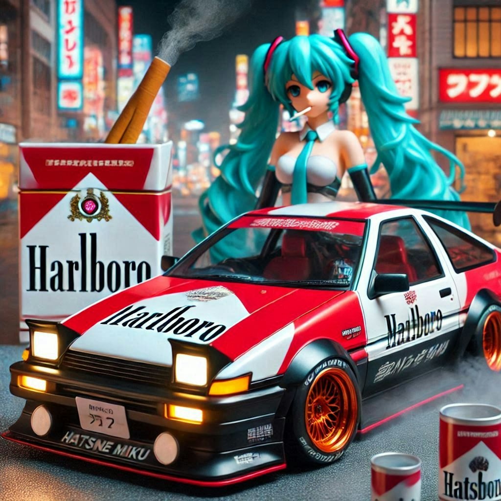 マルボロカラーAE86のドリ車と初音ミク