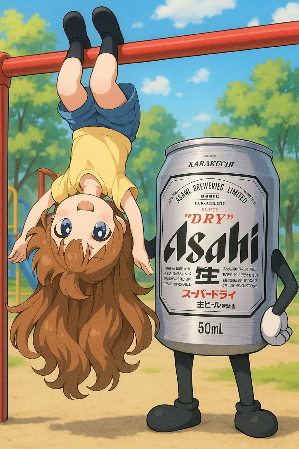 公園で逆さ吊り状態になっている小さな女の子