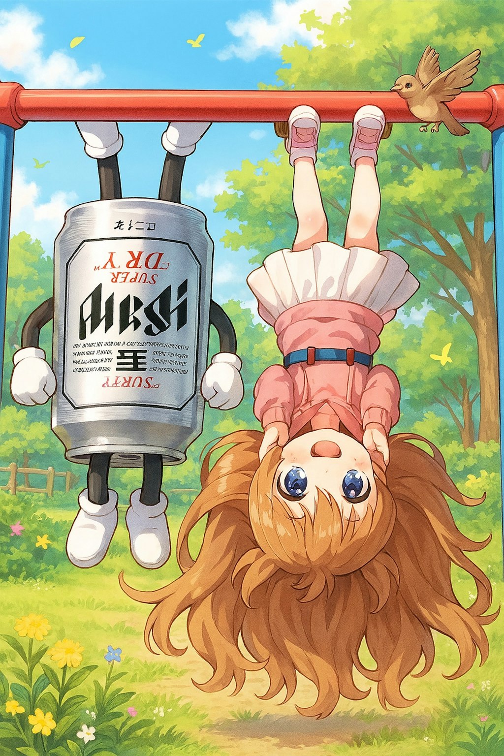 公園で逆さ吊り状態になっている小さな女の子