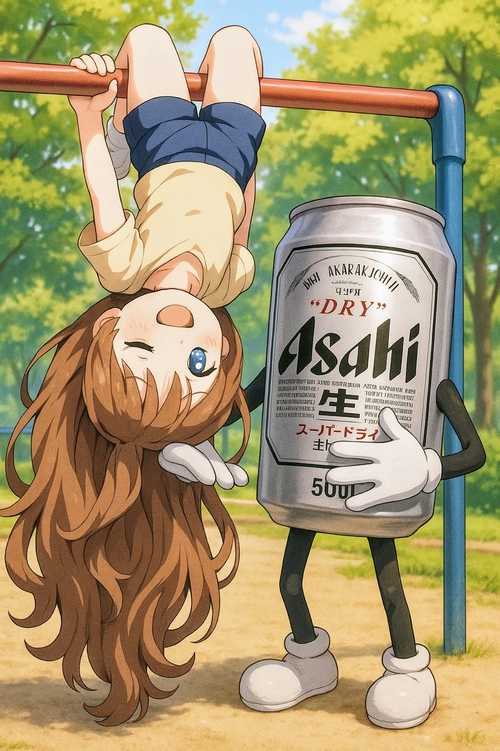公園で逆さ吊り状態になっている小さな女の子