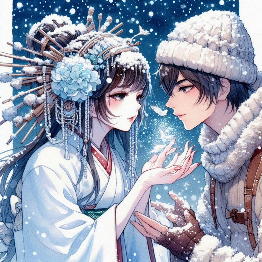 村の若者と恋におちた雪女ちゃん💖♪（同志捧げる男女物の恋愛イラスト）