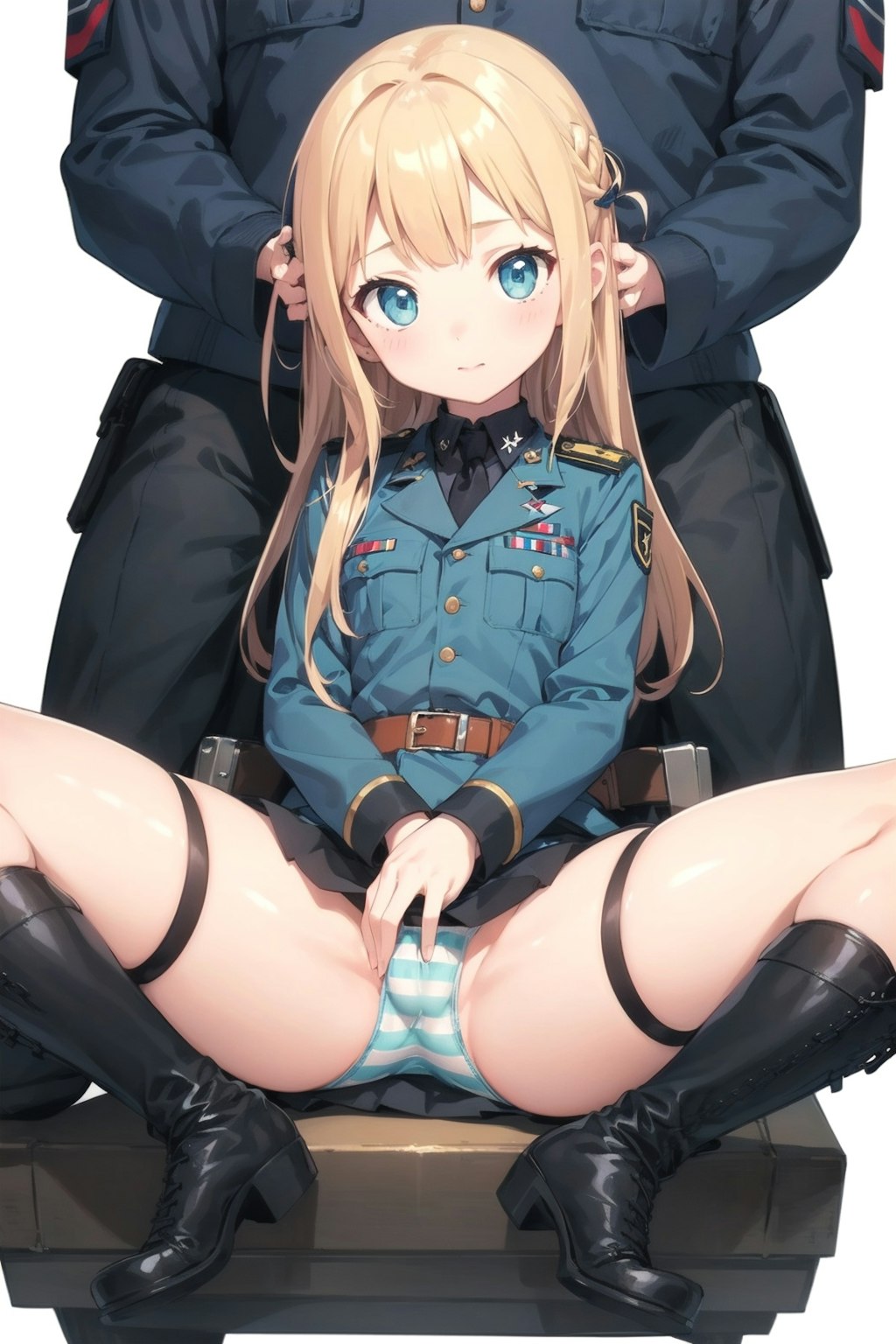 髪を触られる軍服少女