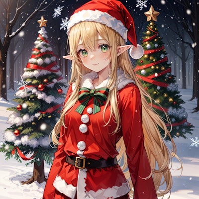 クリスマスツリーとサンタクロース衣装なエルフ魔女