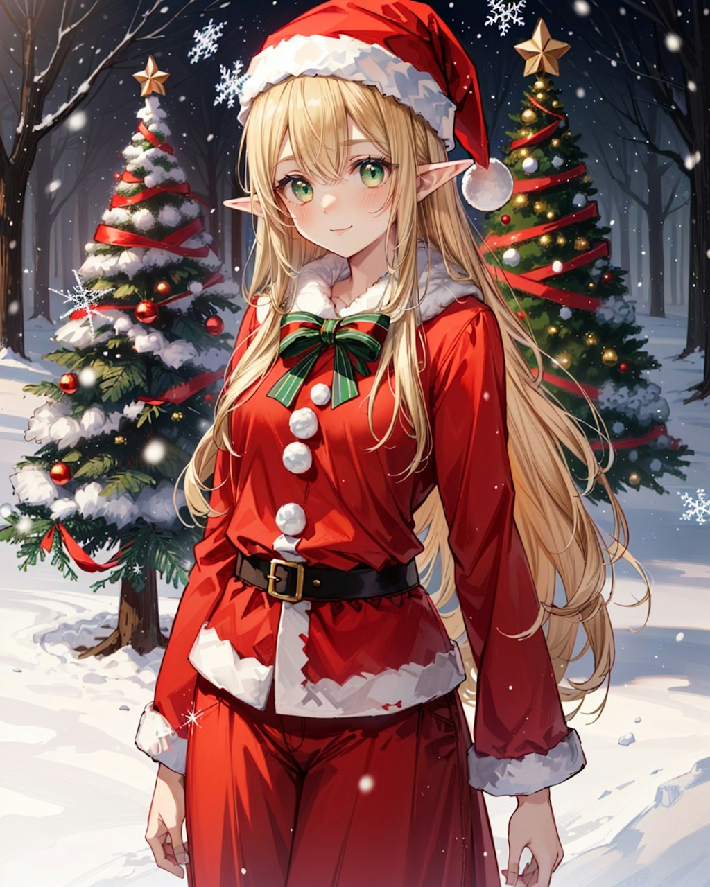 クリスマスツリーとサンタクロース衣装なエルフ魔女