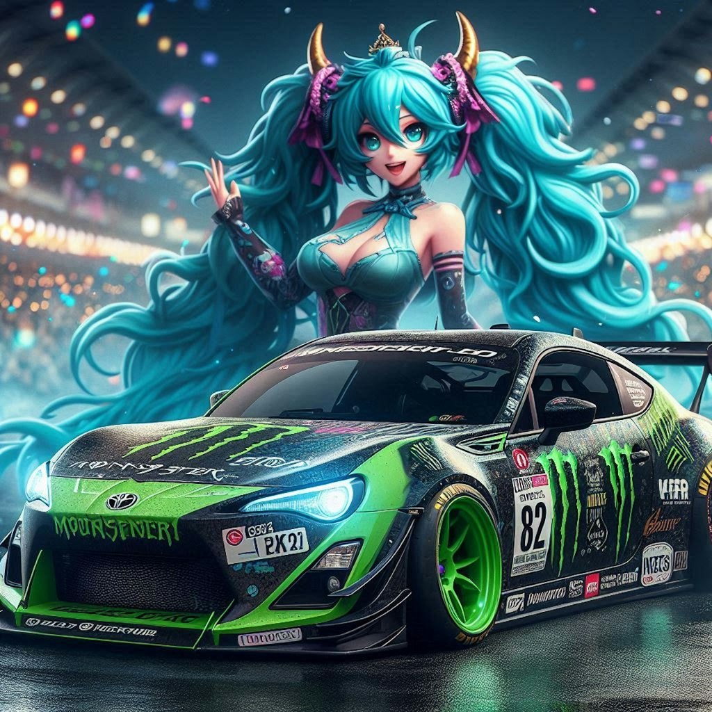 モンスターエナジーカラーリバティーウォークトヨタ86のドリ車と初音ミク