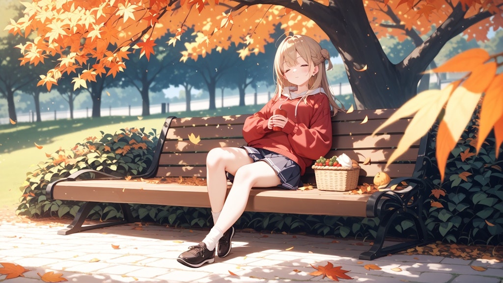 The girl is sleeping in park arround autumn tree,