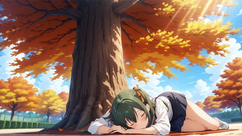 The girl is sleeping in park arround autumn tree,