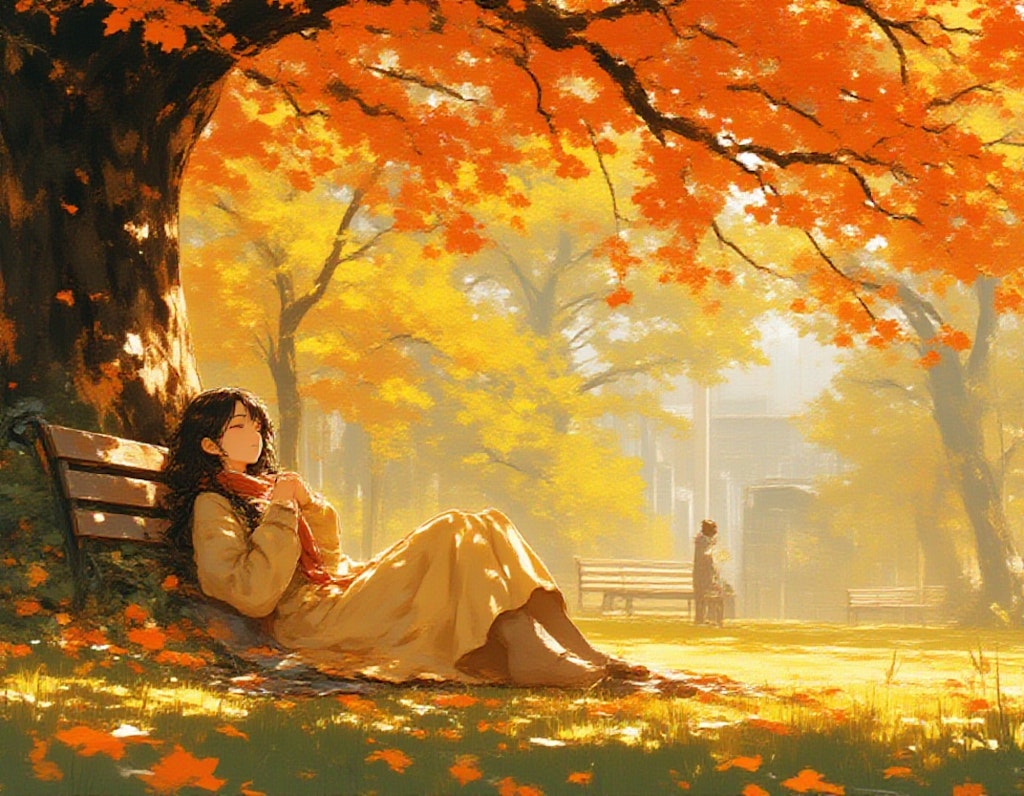 The girl is sleeping in park arround autumn tree,