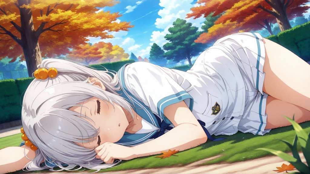 The girl is sleeping in park arround autumn tree,