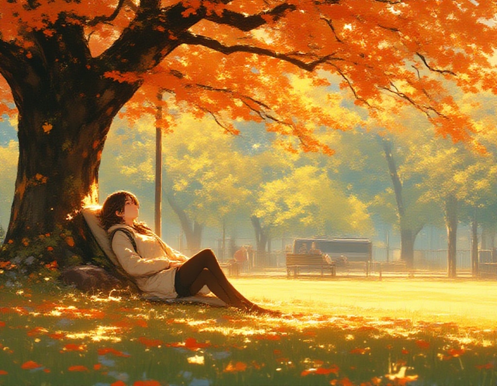 The girl is sleeping in park arround autumn tree,