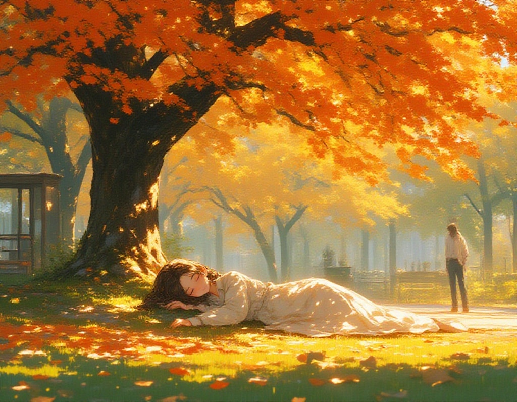 The girl is sleeping in park arround autumn tree,