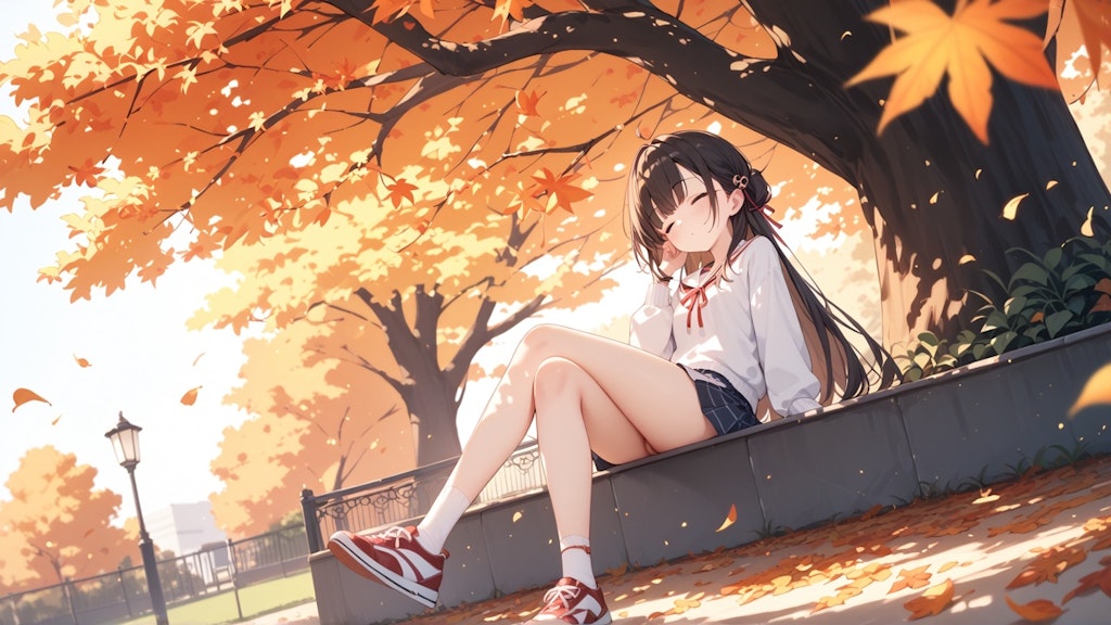 The girl is sleeping in park arround autumn tree,