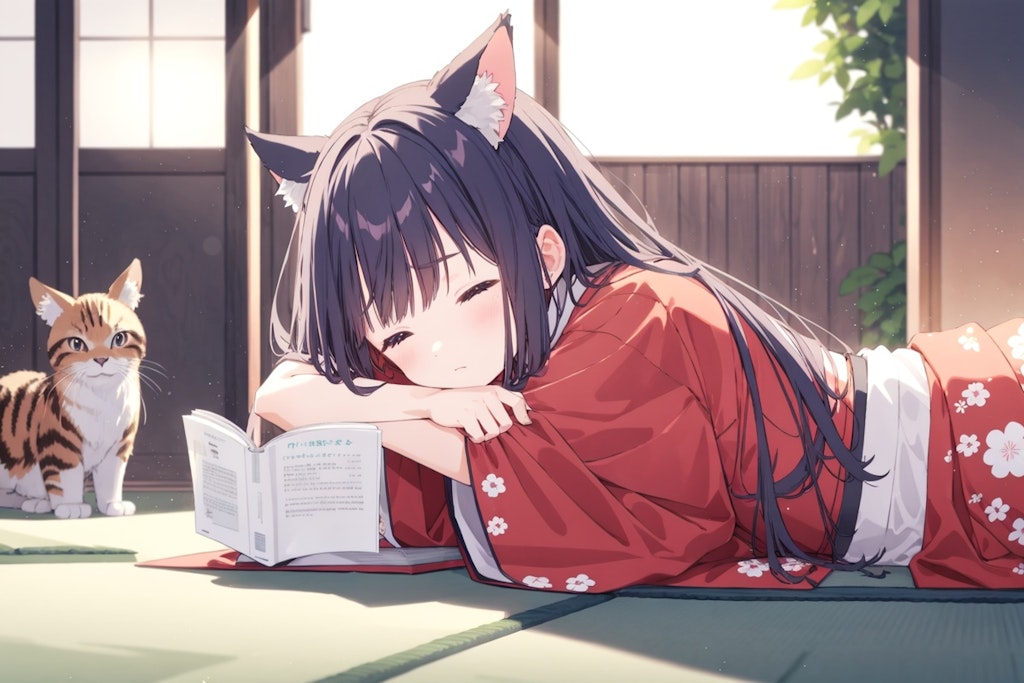 本を読みながらウトウトする女の子と猫。