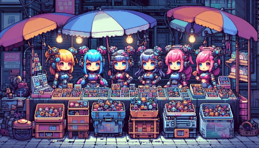 （ドット絵風）怪しいサイバーパンクなパーツ市場の露店♪