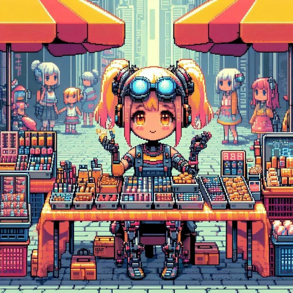（ドット絵風）怪しいサイバーパンクなパーツ市場の露店♪