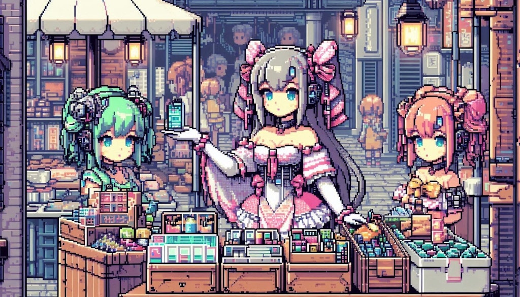 （ドット絵風）怪しいサイバーパンクなパーツ市場の露店♪