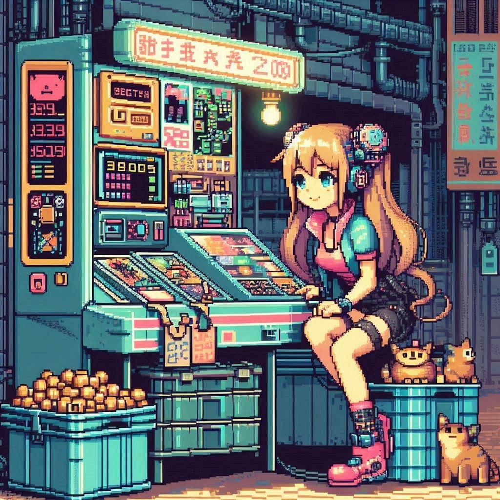 （ドット絵風）怪しいサイバーパンクなパーツ市場の露店♪