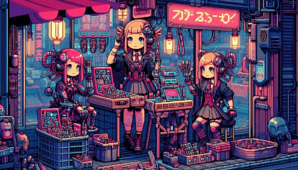 （ドット絵風）怪しいサイバーパンクなパーツ市場の露店♪