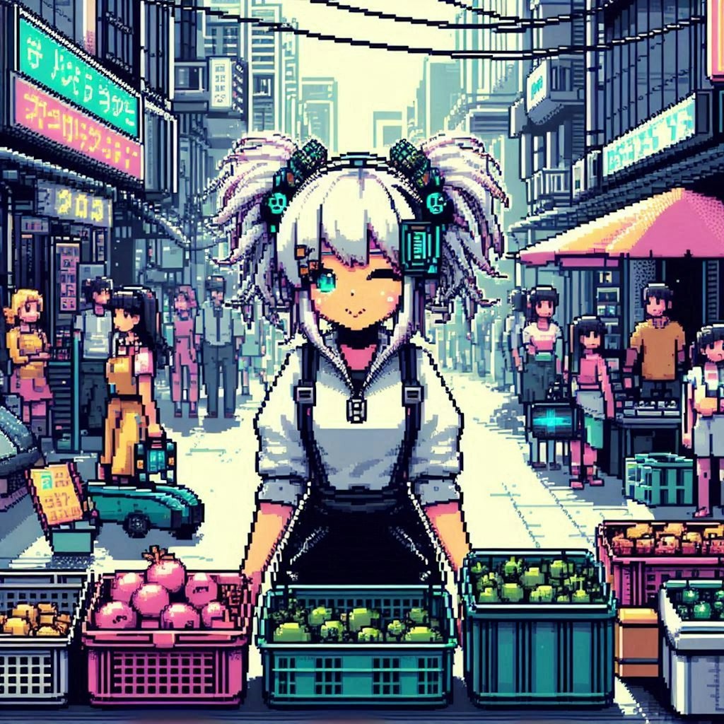 （ドット絵風）怪しいサイバーパンクなパーツ市場の露店♪