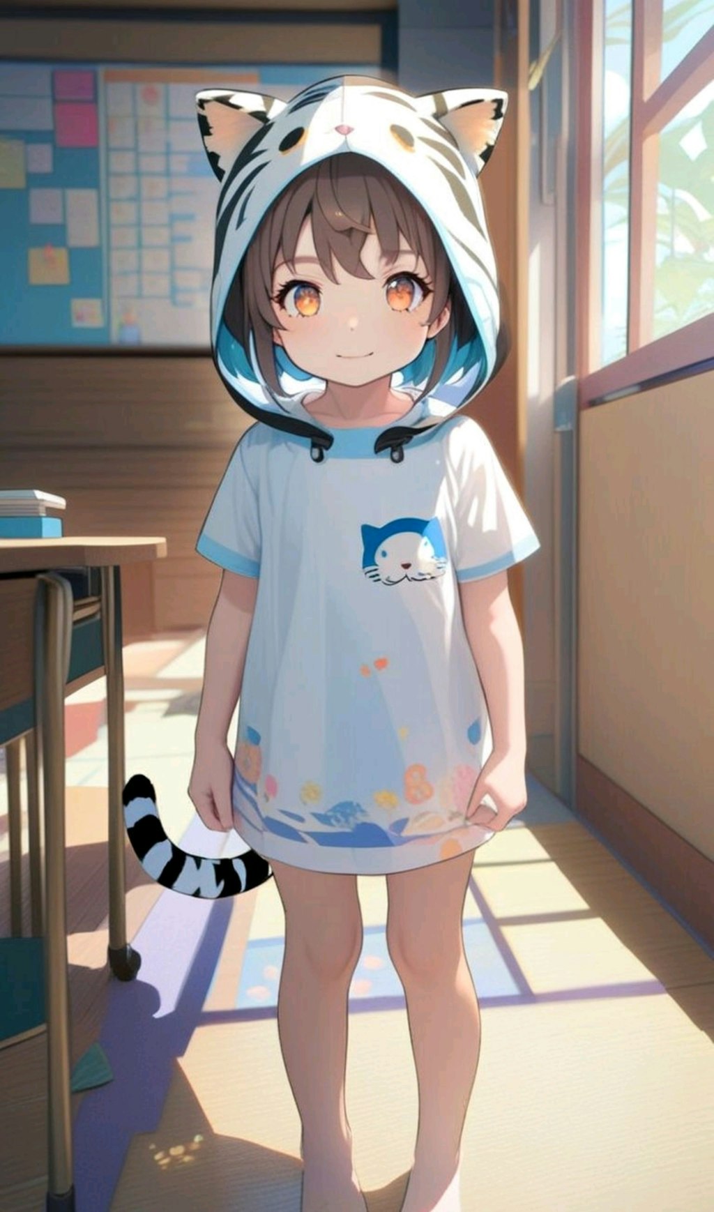 語尾に「にゅ」がつく 虎猫フードの小さな女の子