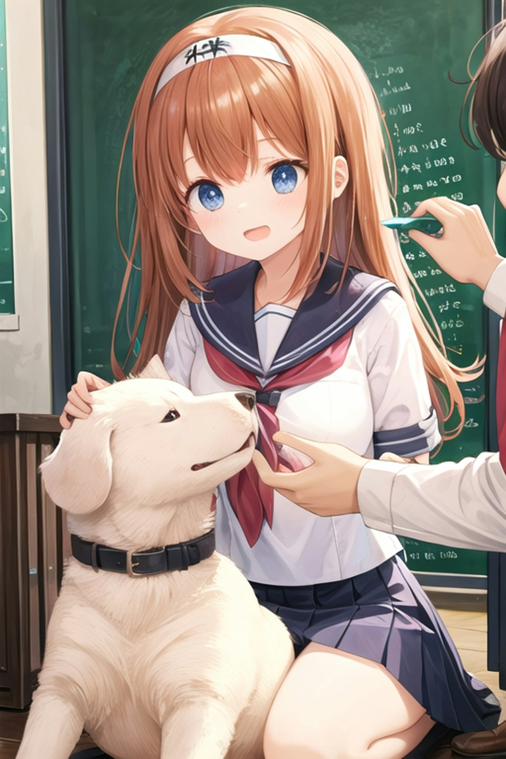 犬の頭を撫でる女の子