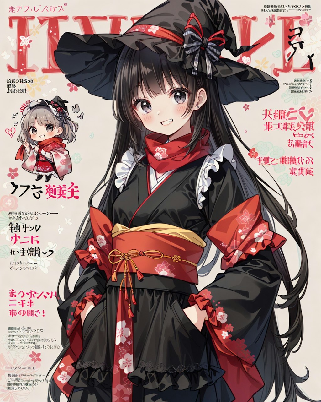 桜模様の着物姿な魔女ファッション雑誌の表紙風