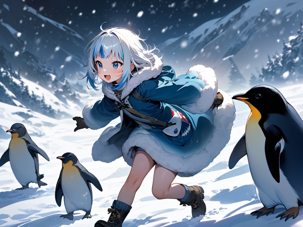 雪上でペンギンと戯れる【ホロライブ・Gawr Gura】