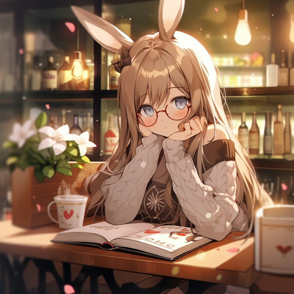 カフェで読書兎娘