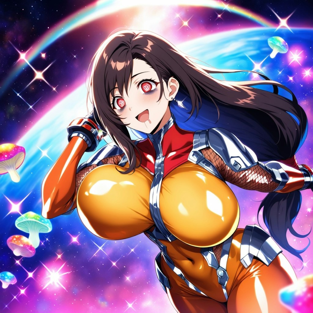 宇宙キノコでキラキラが見えるパイロットスーツコスプレ人妻