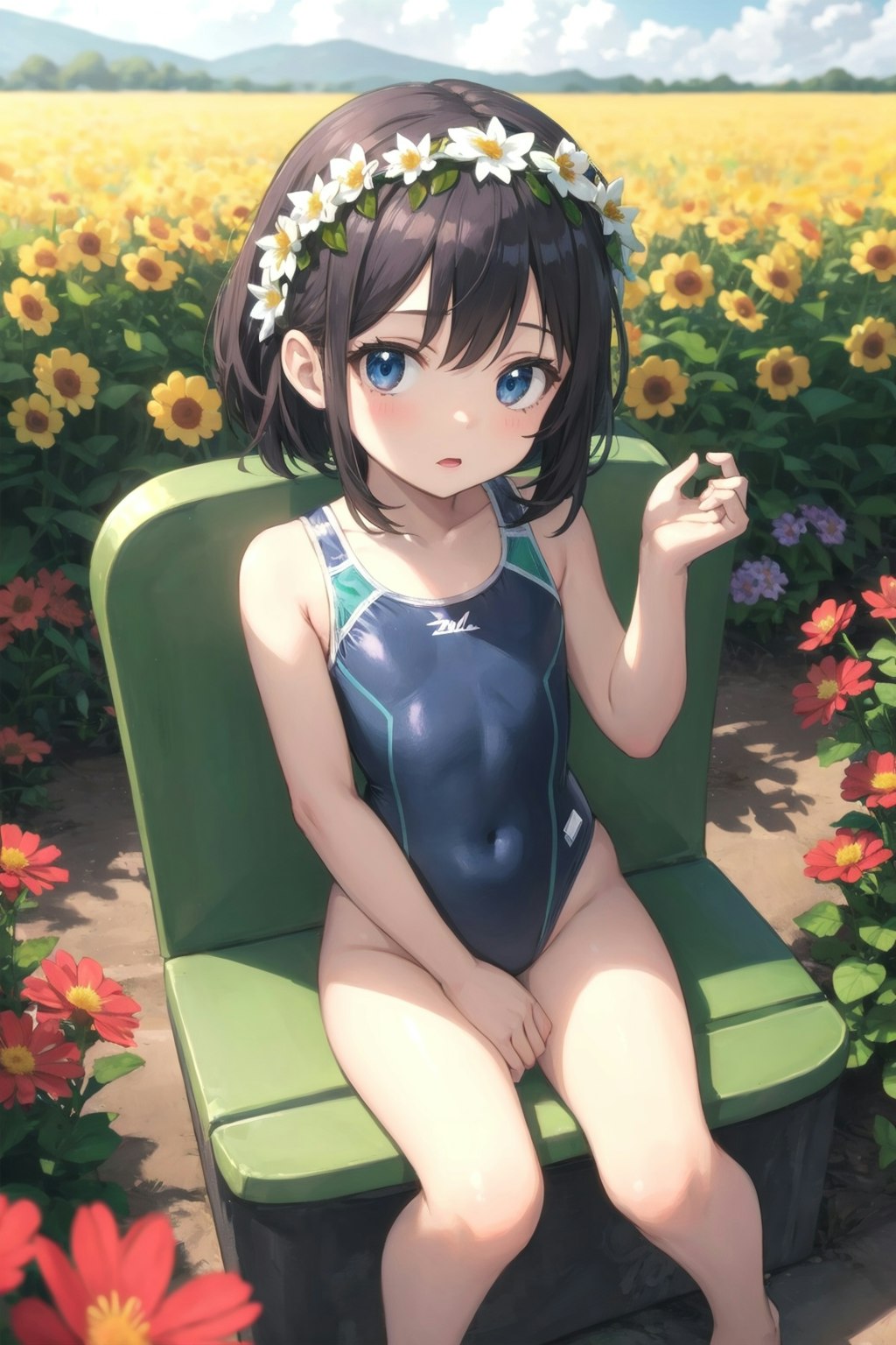 花畑のスク水少女