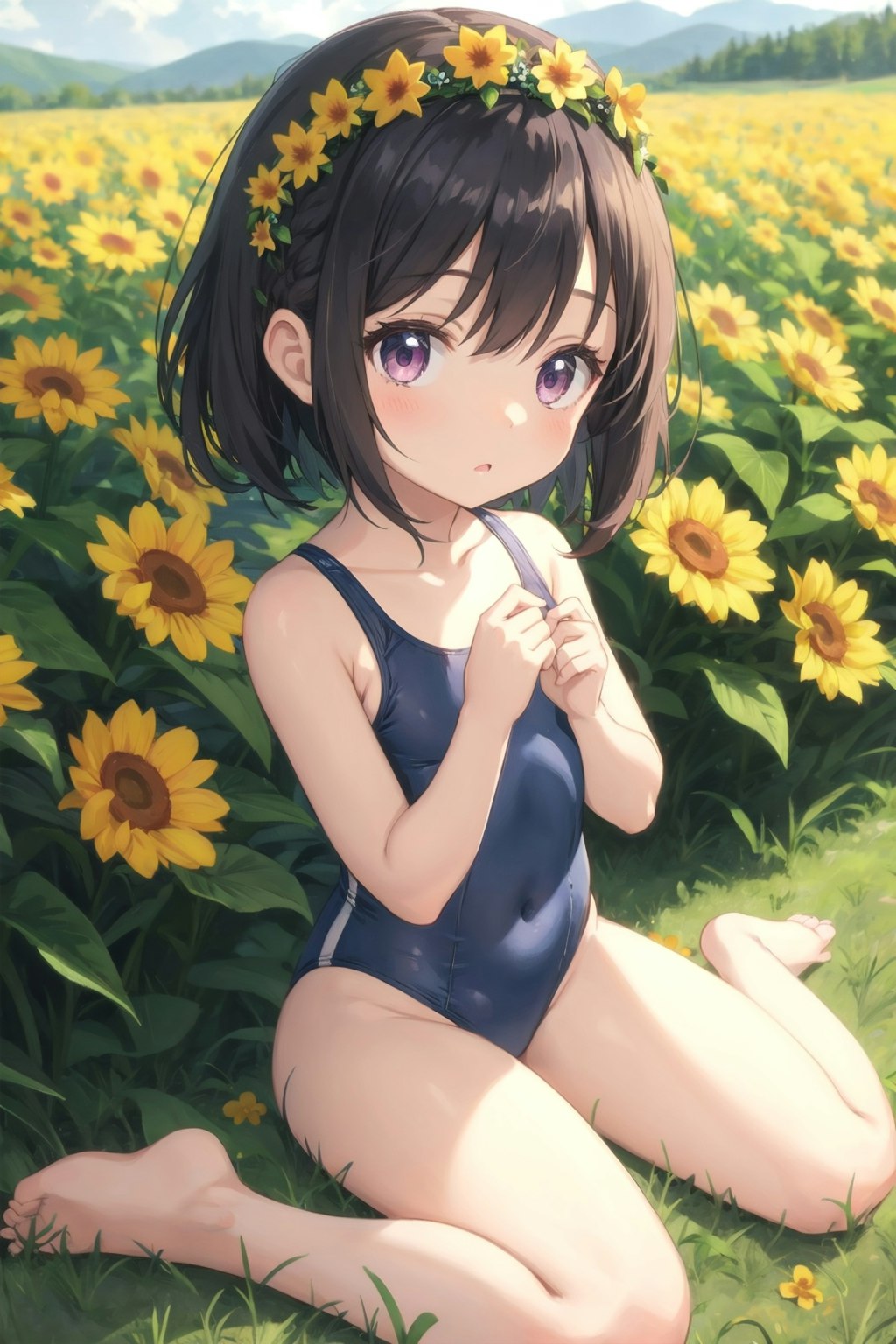 花畑のスク水少女