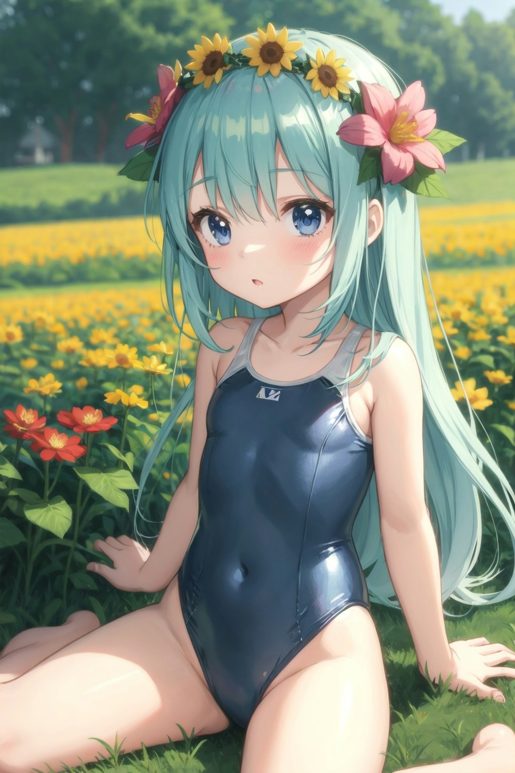 花畑のスク水少女