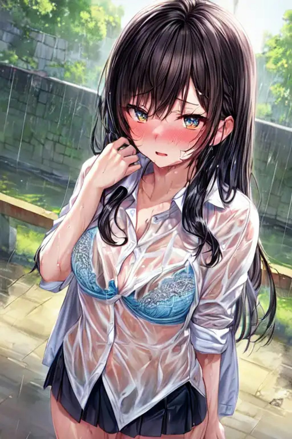 急な雨で服が透けてブラが見えてる美少女たち