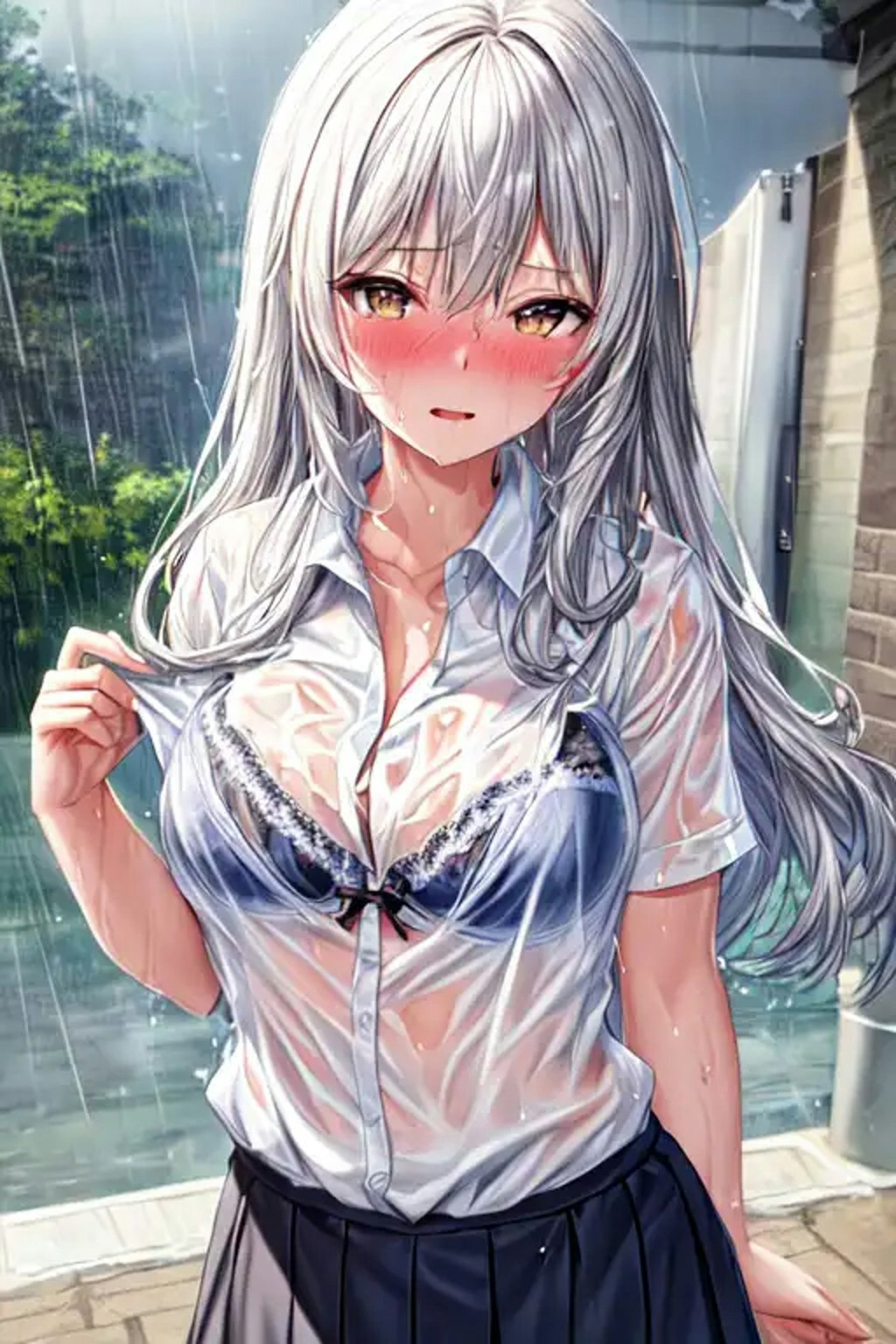 急な雨で服が透けてブラが見えてる美少女たち