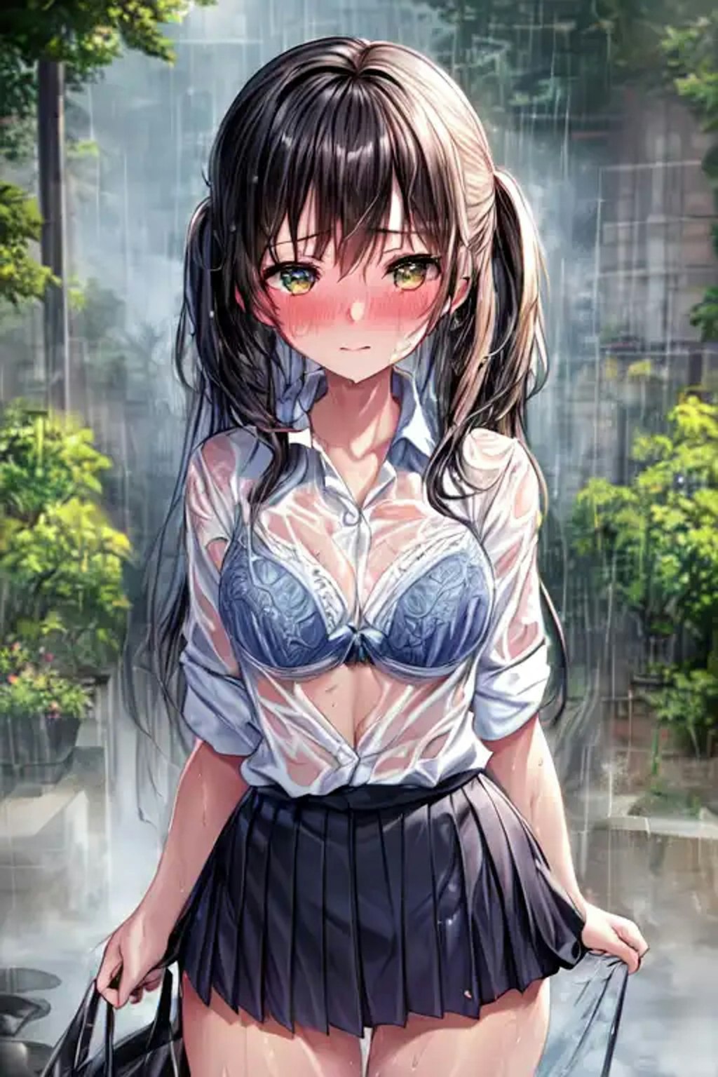 急な雨で服が透けてブラが見えてる美少女たち