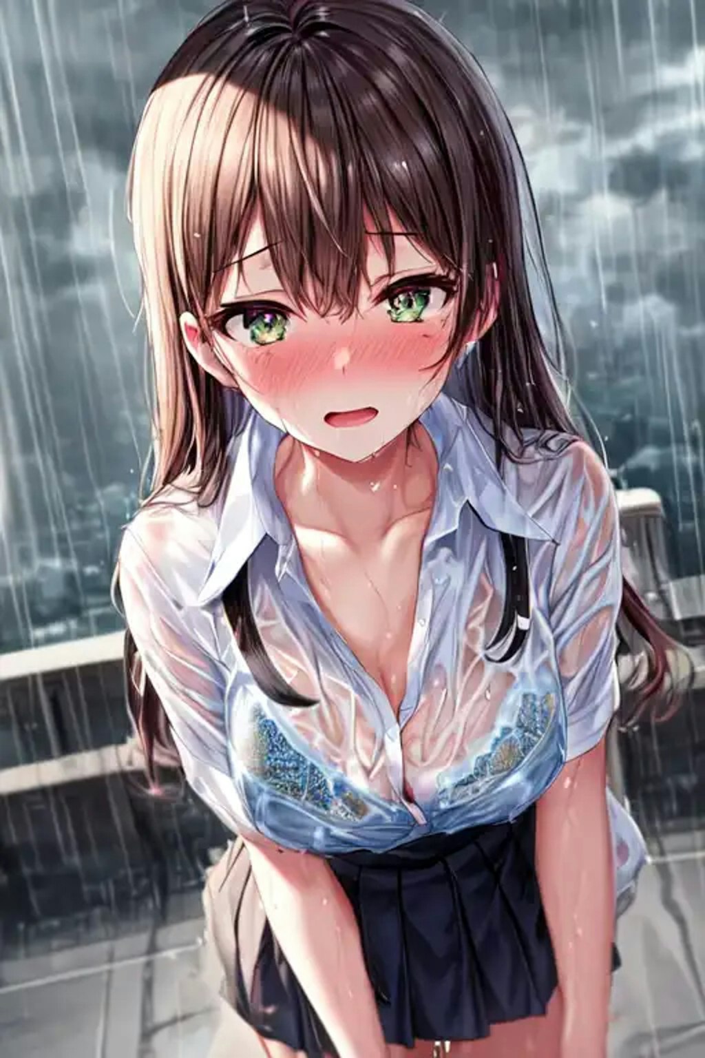 急な雨で服が透けてブラが見えてる美少女たち