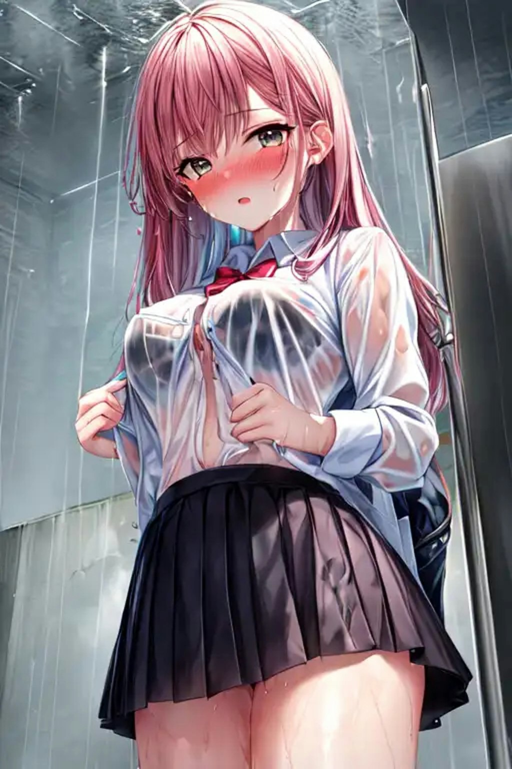 急な雨で服が透けてブラが見えてる美少女たち