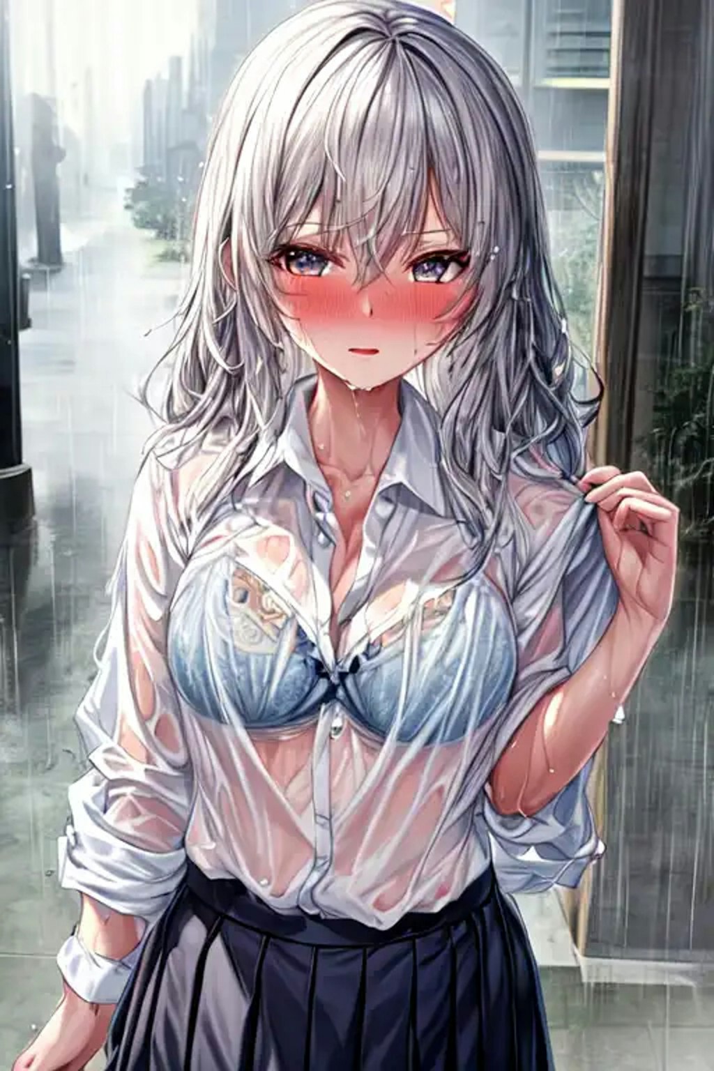 急な雨で服が透けてブラが見えてる美少女たち