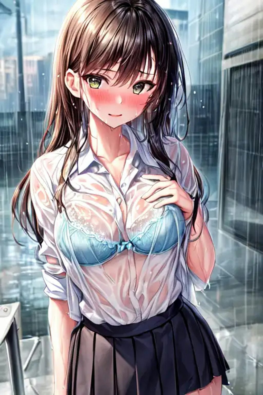 急な雨で服が透けてブラが見えてる美少女たち