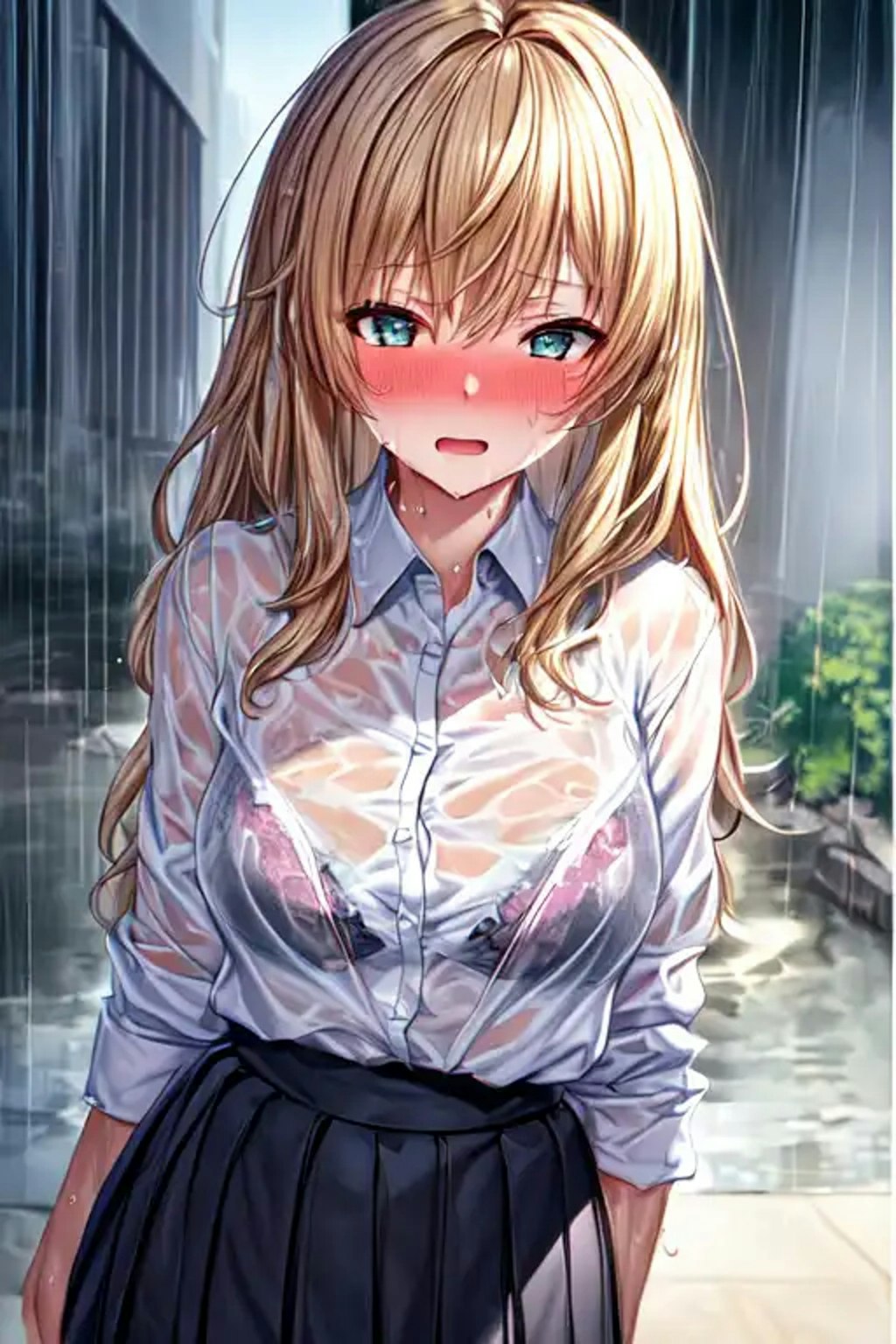 急な雨で服が透けてブラが見えてる美少女たち